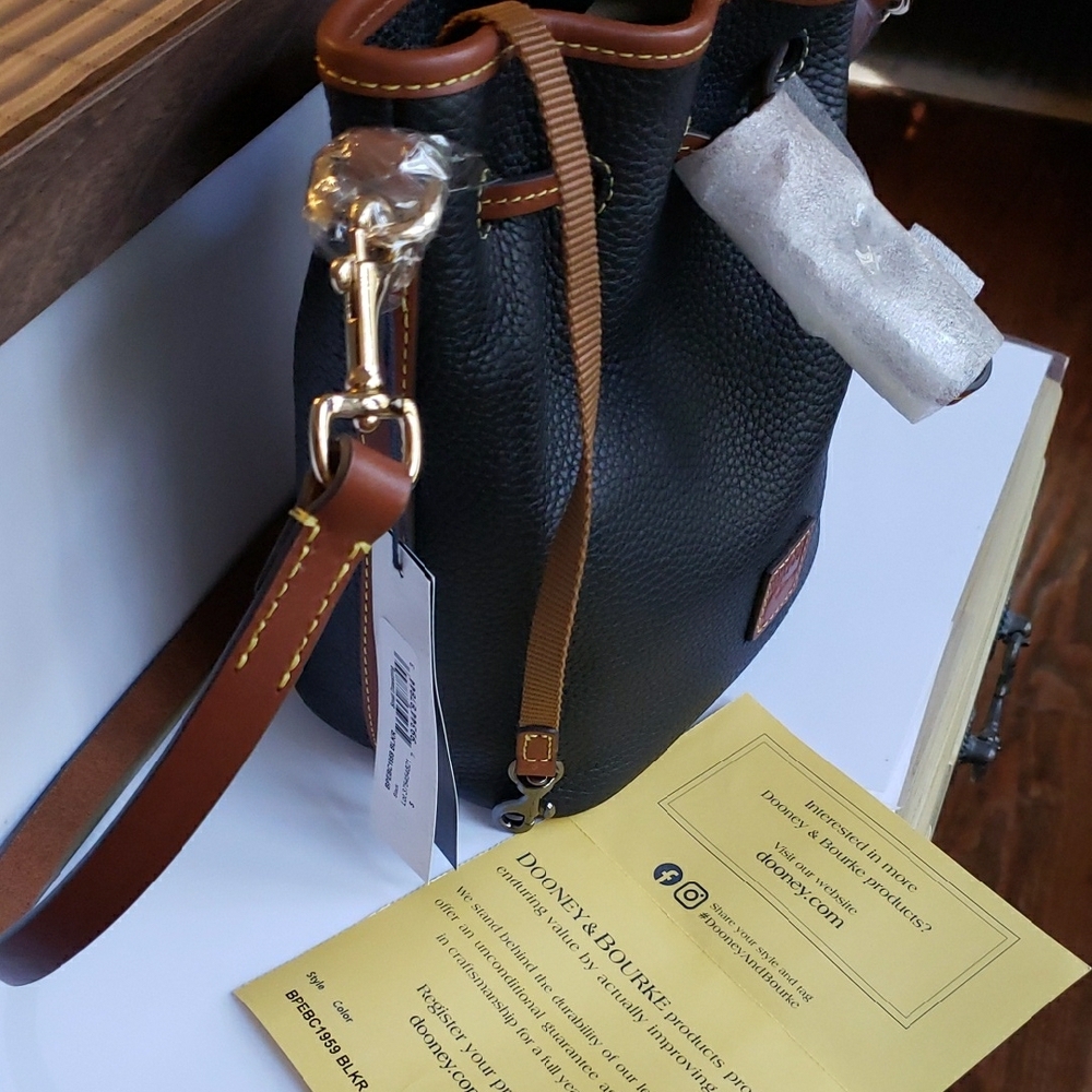 Dooney & Bourke Black and Brown Leather Small Drawstring Bag N W T - Picture 2 of 9